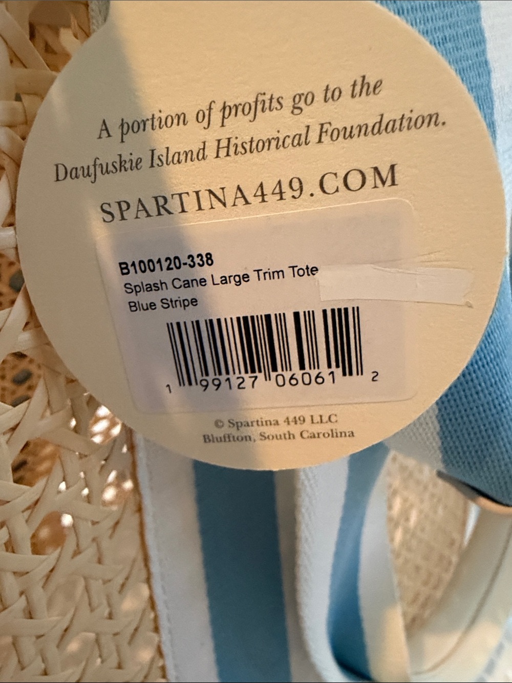 Spartina 449 Natural Woven Tote with Blue & White Straps - Picture 7 of 7